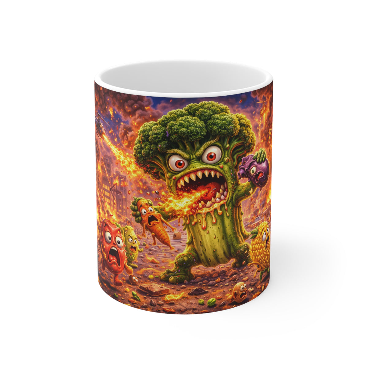 Angry Broccoli Rampage Mug — Fiery Cartoon Veggie Apocalypse Coffee Cup