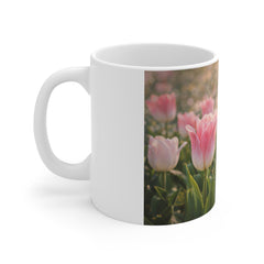 Inspirational Floral Mug — "No Rain, No Flowers" Pink Tulip Ceramic Coffee Cup