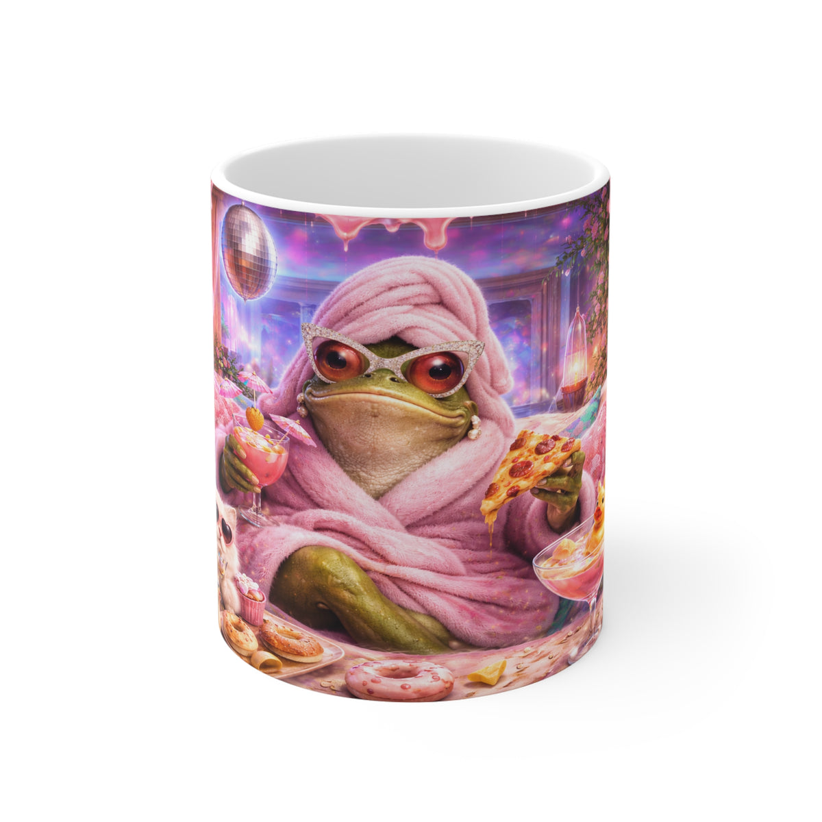 Cozy Spa Frog & Cat Mug — Cute Relaxation Coffee Cup with Pizza, Donuts & Neon Vibes