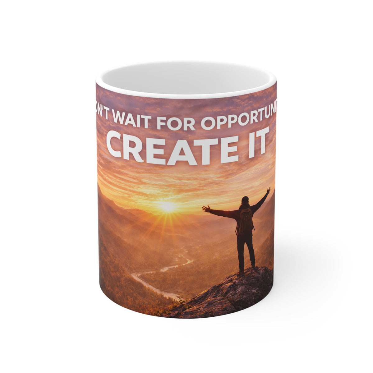 Motivational Sunrise Mug - "Don't Wait for Opportunity, Create It" Inspirational Coffee Cup