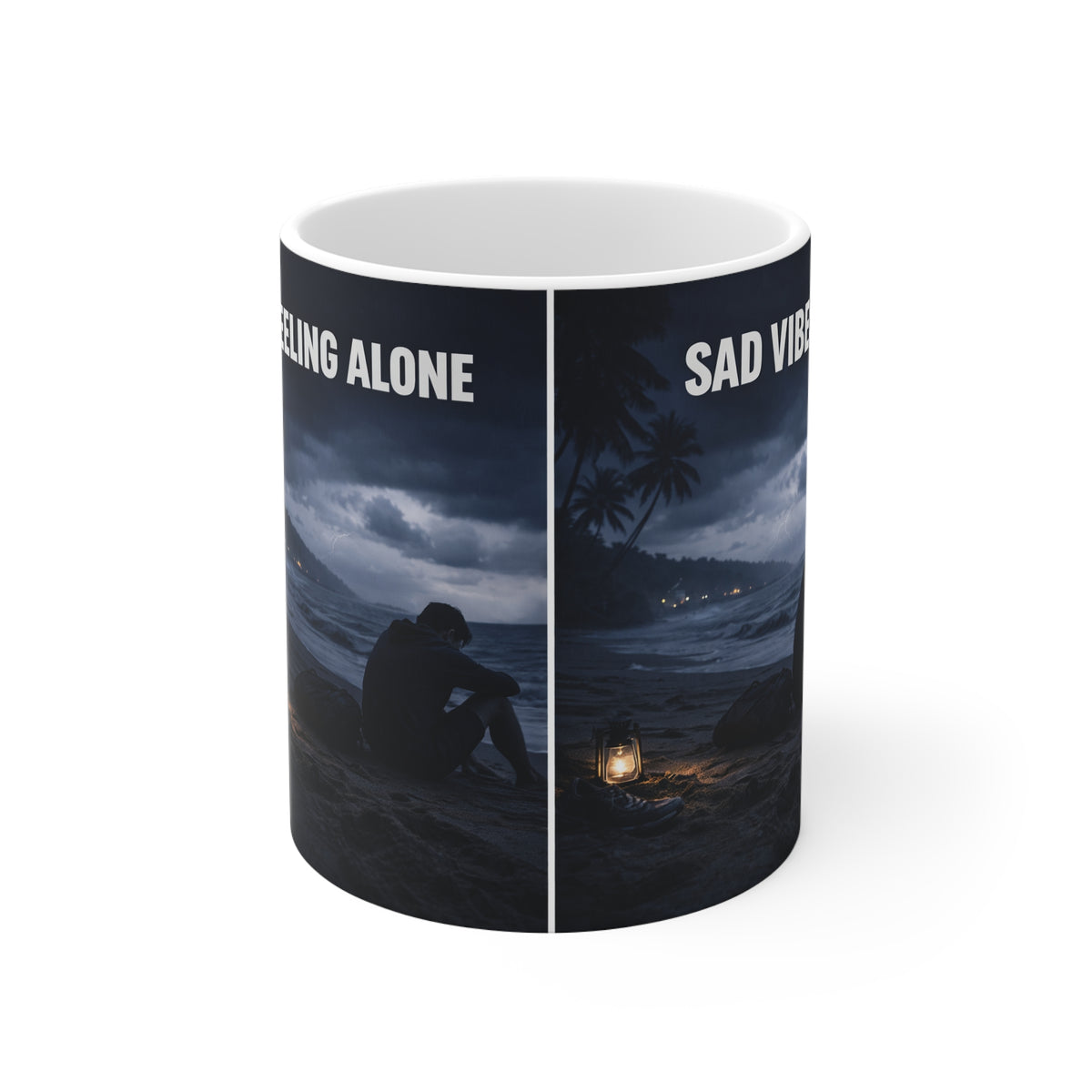 Feeling Alone Sad Vibes Coffee Mug — Moody Ocean Night Scenic 11oz Ceramic