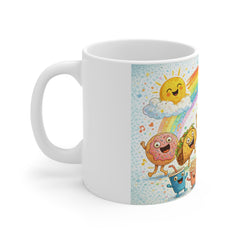 11oz Mug — Happy Rainbow Breakfast Characters Coffee Cup, Cute Pineapple, Donut & Snack Illustration