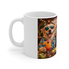 Beach Party Dogs Mug — Funny Hawaiian Labrador Coffee Cup with Sunglasses & Beer