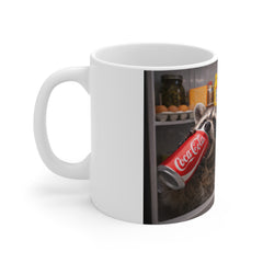 Raccoon Fridge Heist Mug — Cute Wildlife Coffee Cup with Pizza & Soda