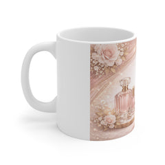 Pink Perfume Bottle Coffee Mug — Floral Vanity 11oz Ceramic Gift