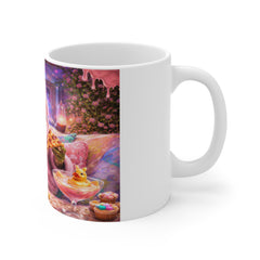 Cozy Spa Frog & Cat Mug — Cute Relaxation Coffee Cup with Pizza, Donuts & Neon Vibes