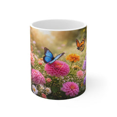 Floral Butterfly Coffee Mug — Colorful Garden Flowers & Butterflies 11oz