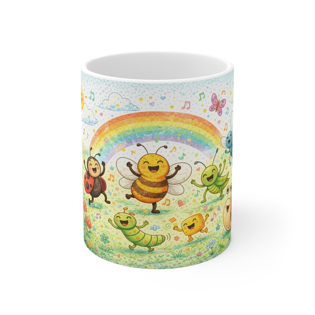 Happy Bugs Rainbow Mug — Cute Bee & Ladybug Kids Coffee Cup