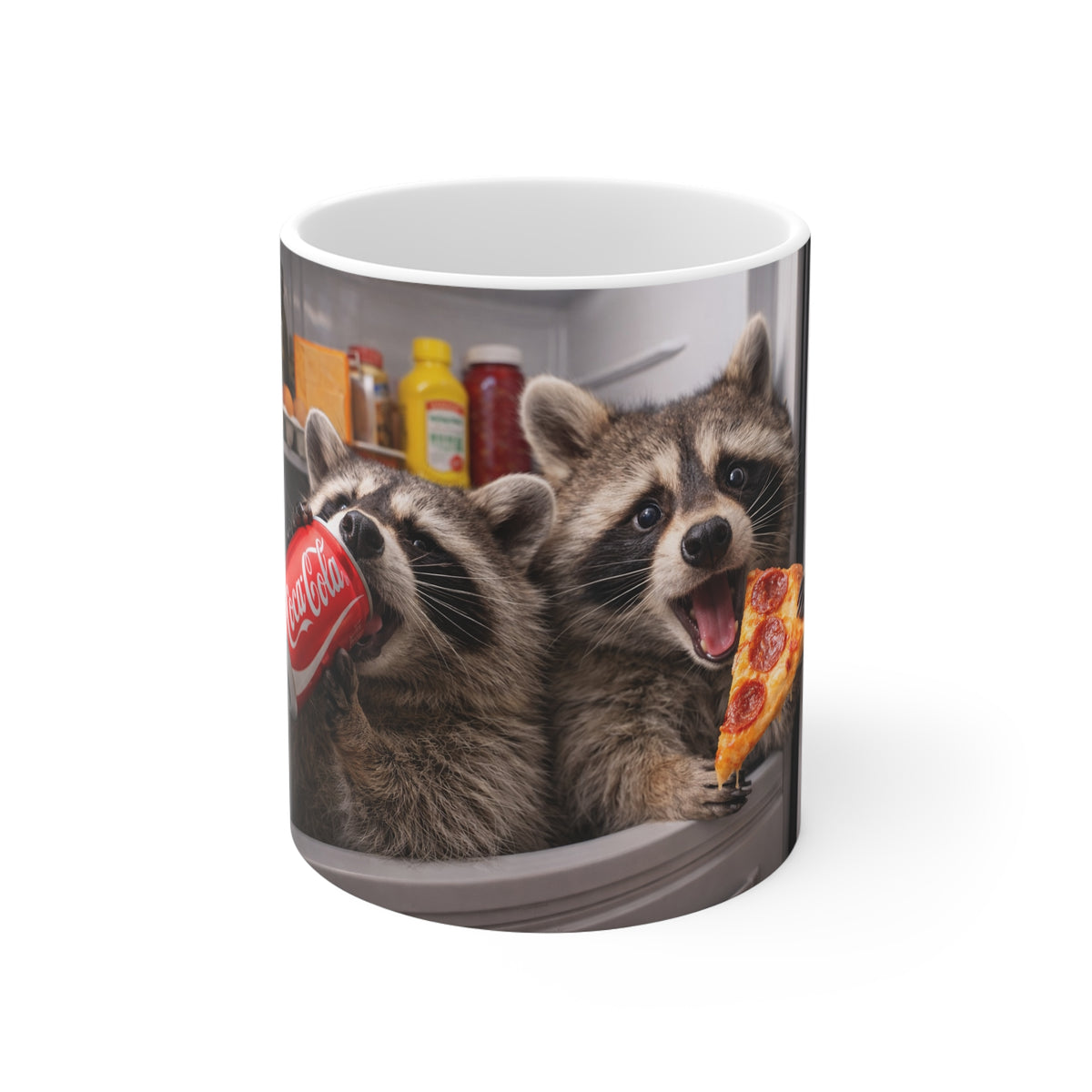 Raccoon Fridge Heist Mug — Cute Wildlife Coffee Cup with Pizza & Soda