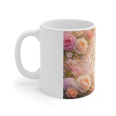 Golden Vibes Floral Mug — Romantic Rose Coffee Cup, Inspirational Gift for Her