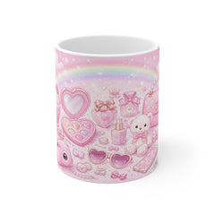 Kawaii Pink Cute Things Mug – Pastel Rainbow Teddy, Makeup & Sweets Ceramic Coffee Cup