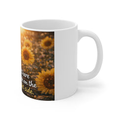 Sunflower Smile Mug — "Just Here to Look on the Bright Side" Inspirational Coffee Cup