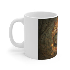 Cat-Train Horror Mug — Surreal Creepy Cat Bus Illustration