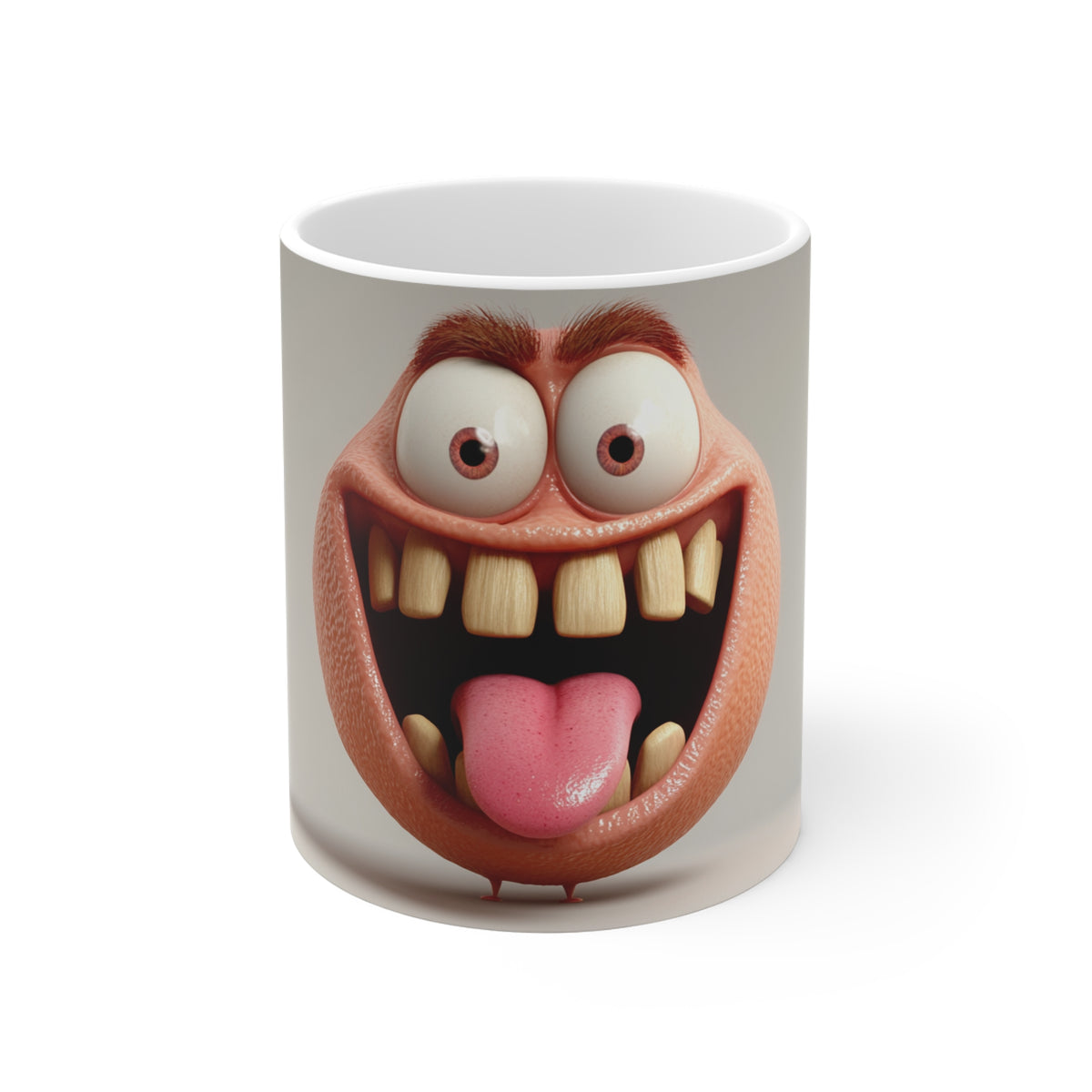 Funny Cartoon Face Coffee Mug — Silly Grinning Character 11oz