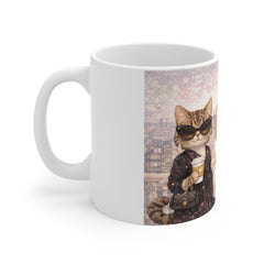 Chic City Cats Coffee Mug – Fashionable Cats with Champagne & Coffee 11oz