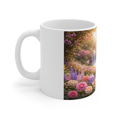 Unicorn Garden Mug — 11oz Fantasy Coffee Cup with Pastel Waterfall Scene