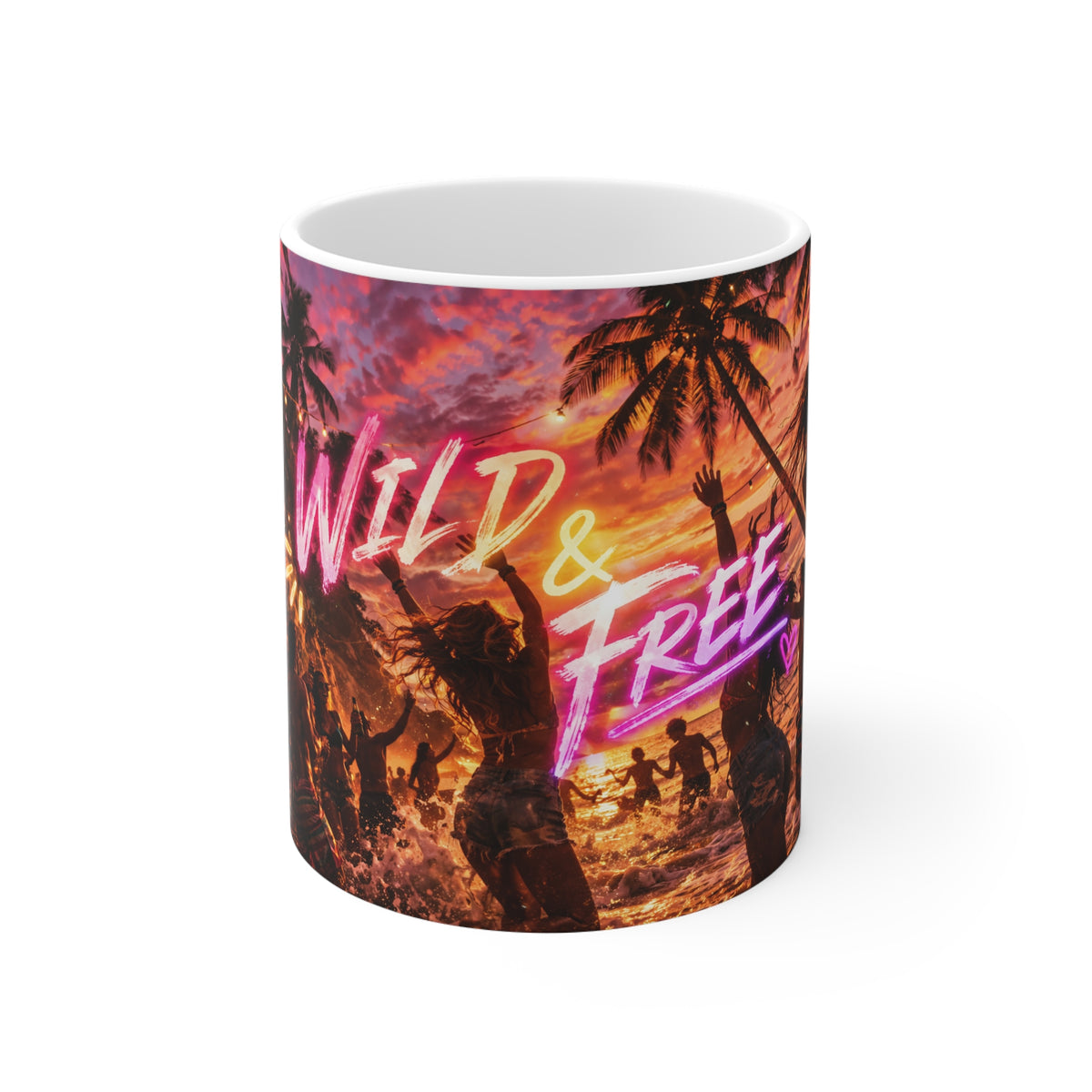 Wild & Free Beach Party Mug — Sunset Palm Neon Coffee Cup