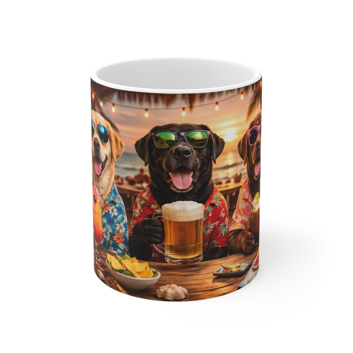 Beach Party Dogs Mug — Funny Hawaiian Labrador Coffee Cup with Sunglasses & Beer