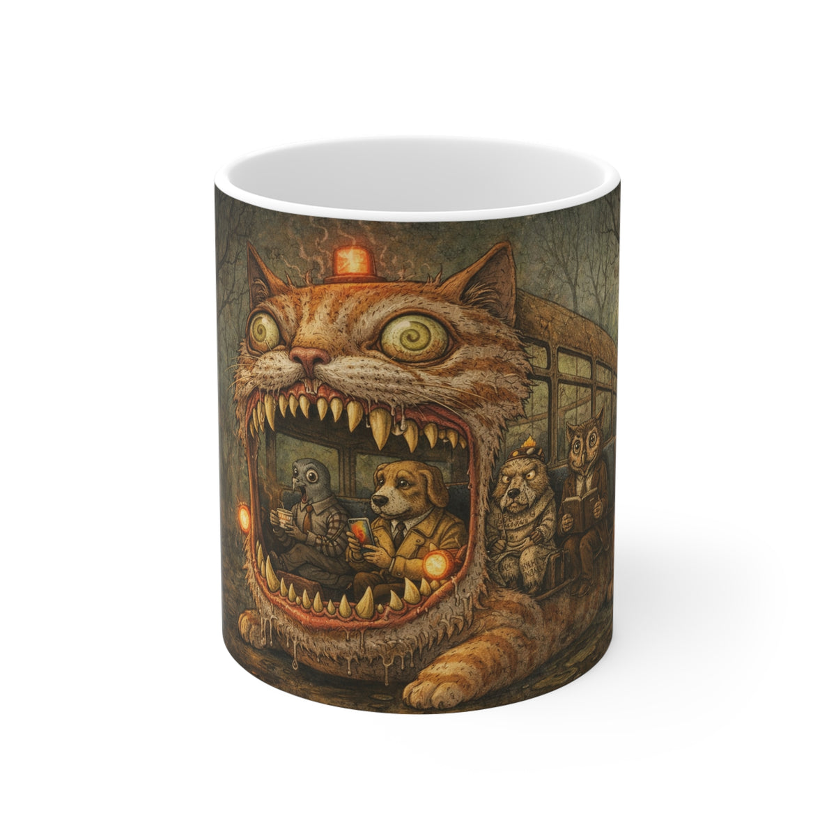 Cat-Train Horror Mug — Surreal Creepy Cat Bus Illustration